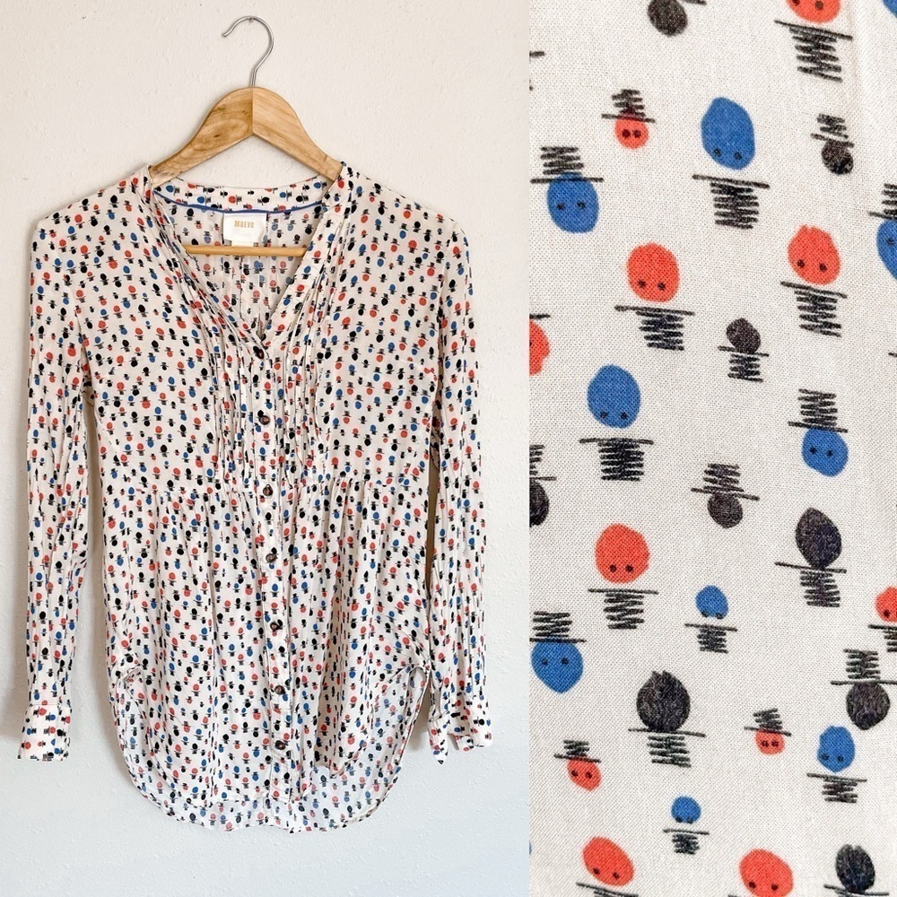 Maeve Anthropologie Celia Top Hat Artsy Button Down Novelty Print Shirt